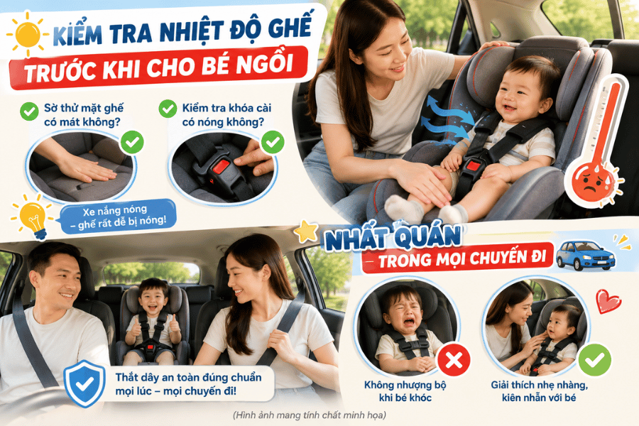 Nên kiểm tra nhiệt độ của ghế trước khi ngồi và kiên trì nhất quán để bé quen với việc ngồi ghế trẻ em